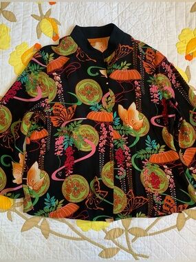HARARI silk black and multicolor floral and butterfly translucent blouse top